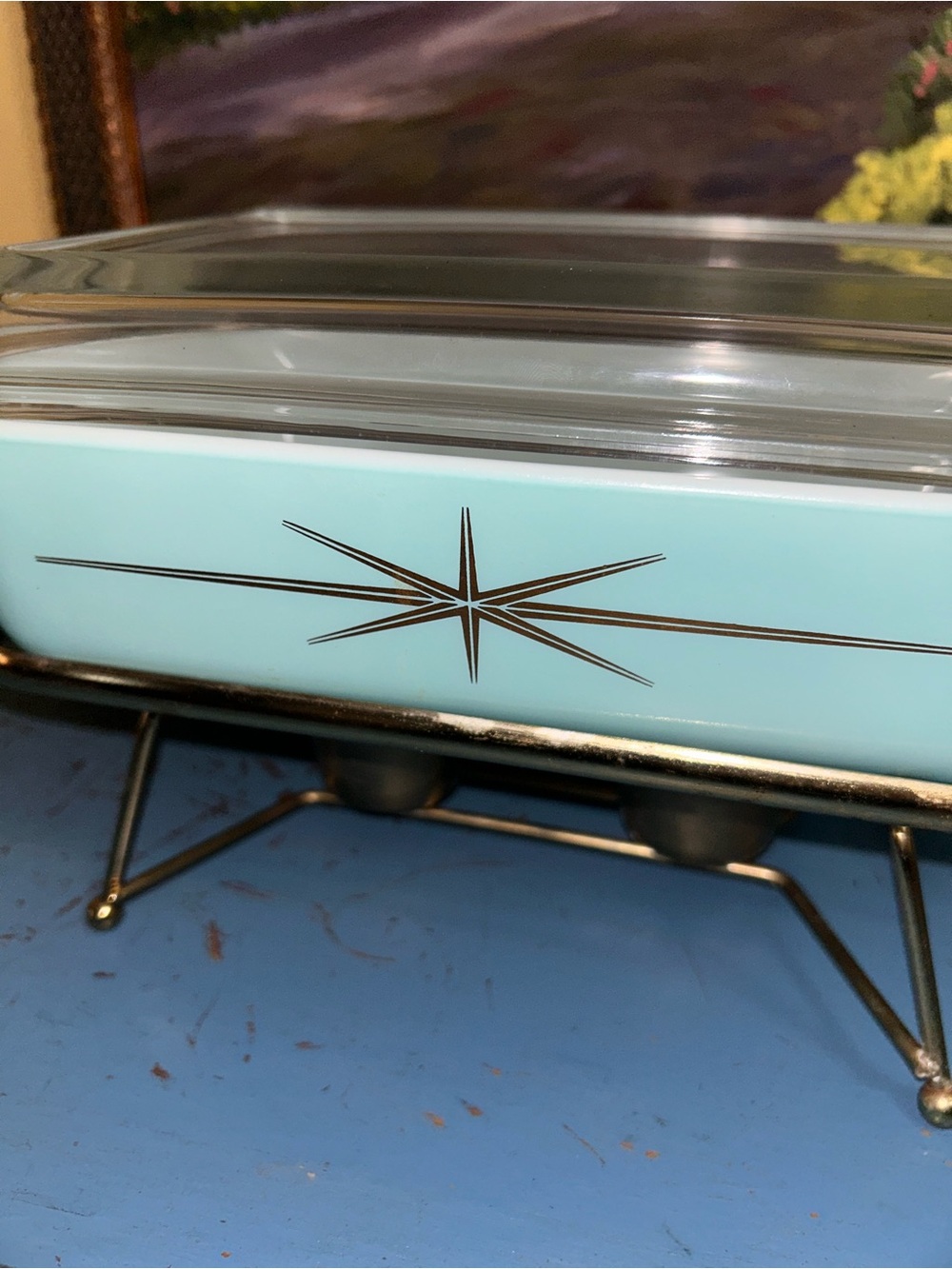 Rare Pyrex Atomic Starburst 2 QT Dish with Glass Lid and Stand Warmer - Picture 11 of 16